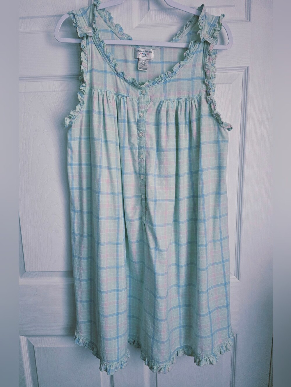 Vintage Amanda Stewart Cotton Plaid Ruffle Cottagecore Nightgown Large